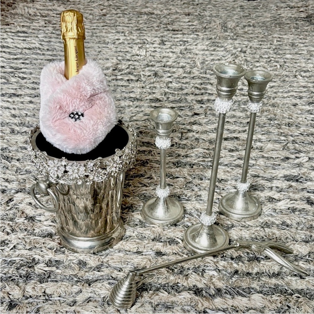 Crystal Champagne Bucket, Faux Fur Bottle Sleeve, 3 Candle Stands & Snuffer Set